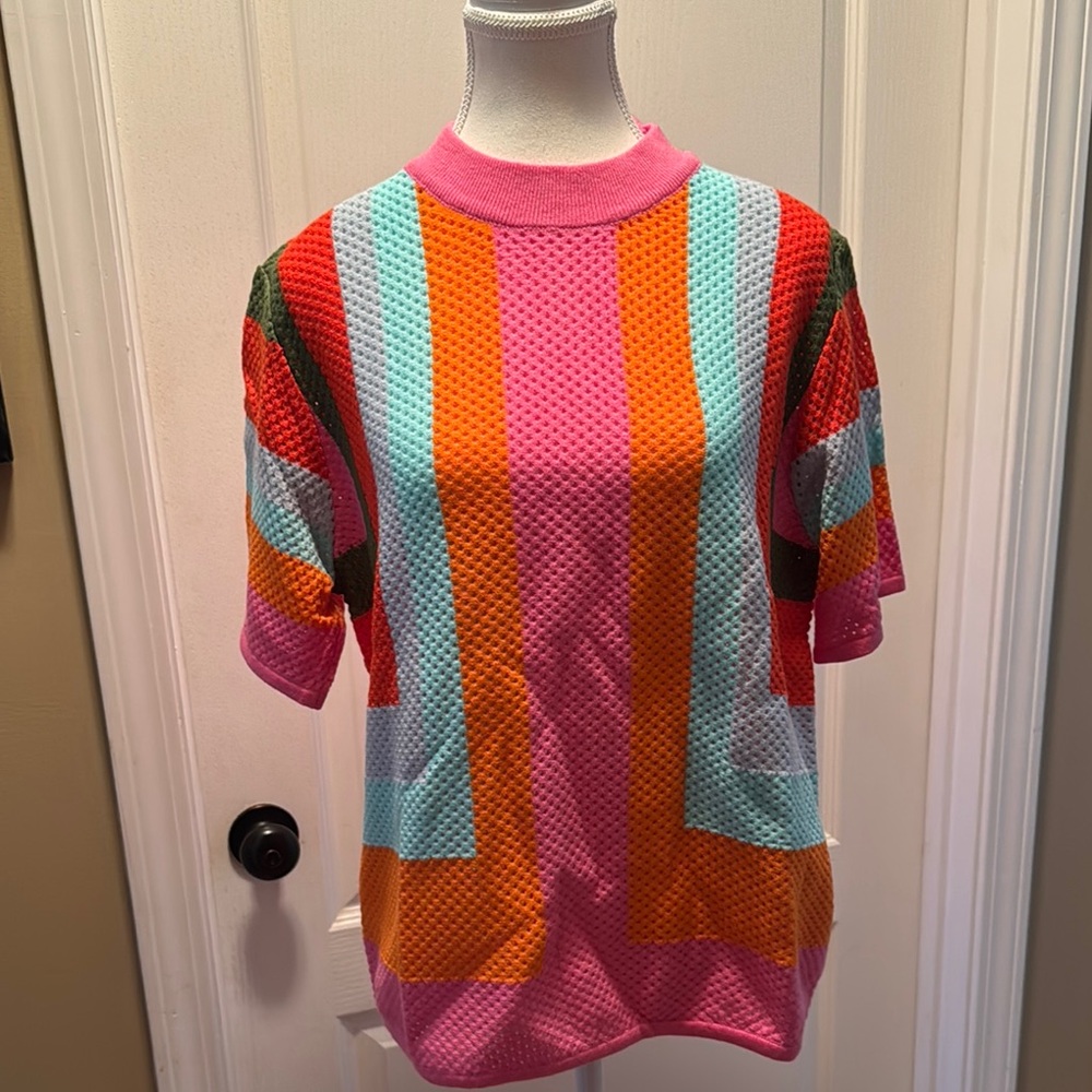 Pink Color Blocked Mesh Knit Top